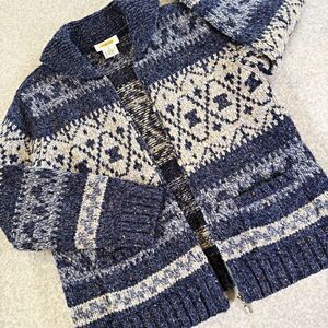Talbots Vintage Fair Isle Full Zip Cardigan Sweater Blue Knit Heavy Wool Blend S